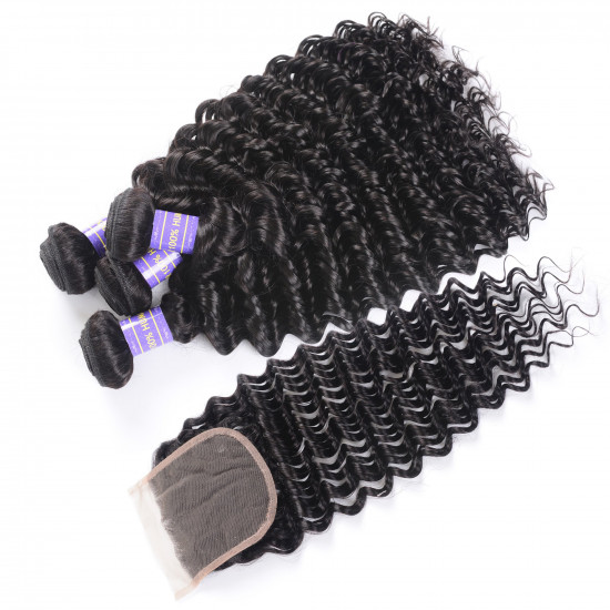 Preciousluxuryhair Hair Remy Series Human Hair Brazilian Deep Wave 4 Bundles with 4*4 Lace closure 100% Human Hair