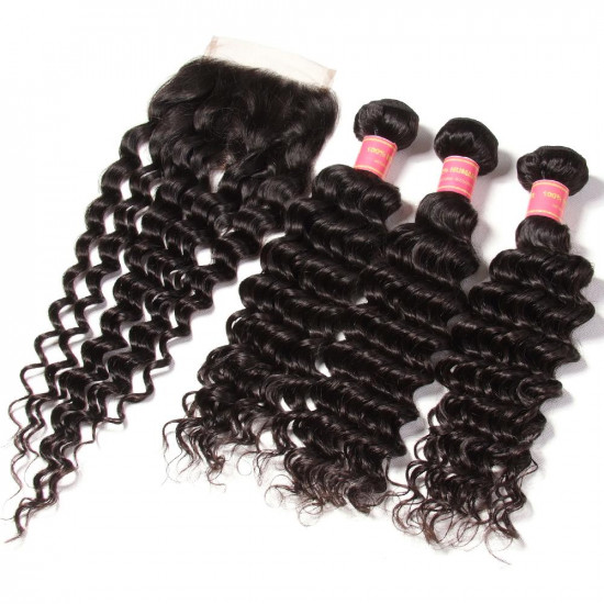 Preciousluxuryhair 1PCS Virgin Deep Wave Hair 4*4  Lace Closures 100% Human Hair Closure