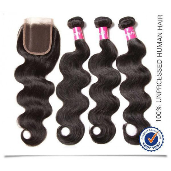 Preciousluxuryhair Hair Virgin Malaysian Hair Body Wave 4 Bundles With 4*4 Lace Closure, Tangle Free, No Shedding