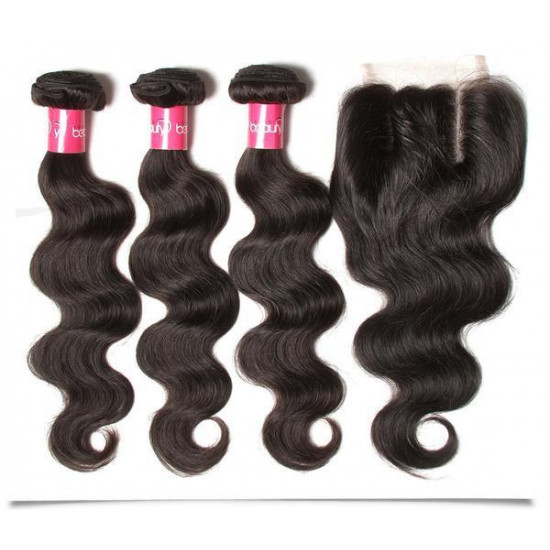 Preciousluxuryhair Hair Virgin Malaysian Hair Body Wave 4 Bundles With 4*4 Lace Closure, Tangle Free, No Shedding