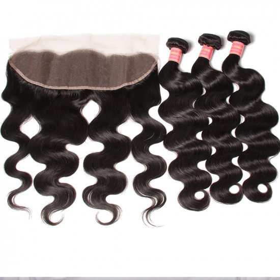 Preciousluxuryhair Hair 100% Peruvian Body Wave Hair 4 Bundles with 13*4 Lace Frontal, 8A Preciousluxuryhair Human Hair