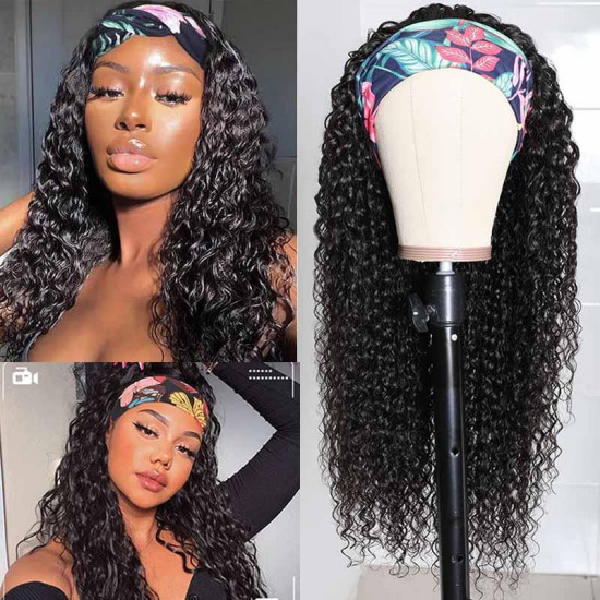 Preciousluxuryhair Jerry Curly Scarf Wigs for Women 100% Virgin Human Hair Wig No Glue & No Sew In Fashion Headband Wig