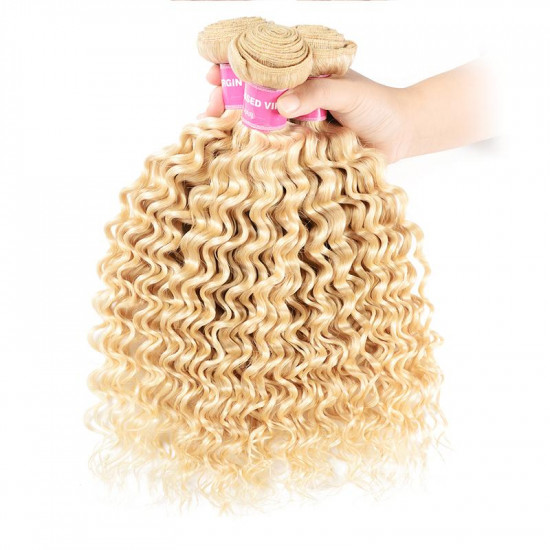 Preciousluxuryhair 3 Bundles 613 Blonde Deep Wave Hair Weave 10-24 Inch On Sale