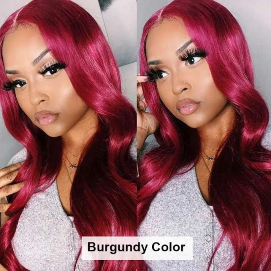 Preciousluxuryhair 99J Hand Tied Hair Line Lace Closure Wig Long Straight Hair Burgundy Red Lace Closure Part Human Hair Wigs 150% Density