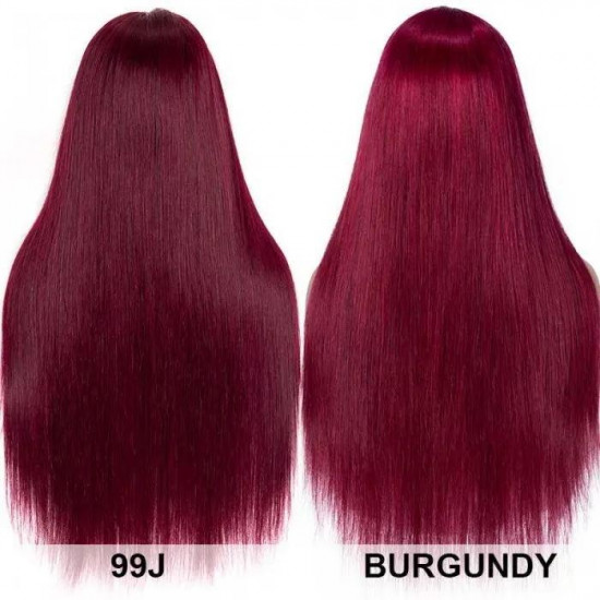 Preciousluxuryhair 99J Hand Tied Hair Line Lace Closure Wig Long Straight Hair Burgundy Red Lace Closure Part Human Hair Wigs 150% Density