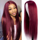 Preciousluxuryhair 99J Hand Tied Hair Line Lace Closure Wig Long Straight Hair Burgundy Red Lace Closure Part Human Hair Wigs 150% Density