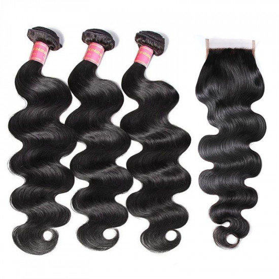 Preciousluxuryhair 4x4 PU Silk Lace Closure Fake Scalp Body Wave Closure with 3 Bundles 100% Virgin Human Hair