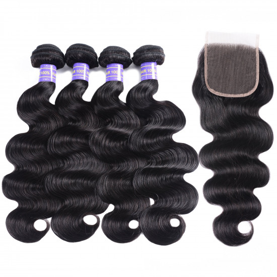 Preciousluxuryhair Hair Brazilian Body Wave Remy Human Hair 4 Bundles With 4*4 Lace Closure 100% Human Hair Extensions