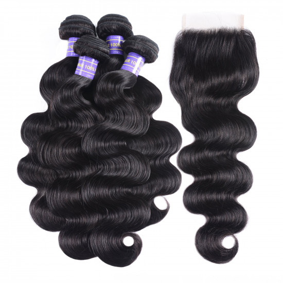 Preciousluxuryhair Hair Brazilian Body Wave Remy Human Hair 4 Bundles With 4*4 Lace Closure 100% Human Hair Extensions