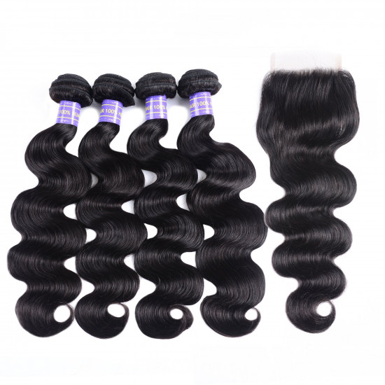 Preciousluxuryhair Hair Indian Human Hair New Remy Hair Body Wave 4 Bundles With 4*4 Lace Closure Good Quality