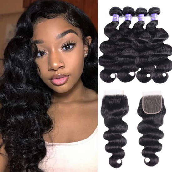 Preciousluxuryhair Hair Indian Human Hair New Remy Hair Body Wave 4 Bundles With 4*4 Lace Closure Good Quality