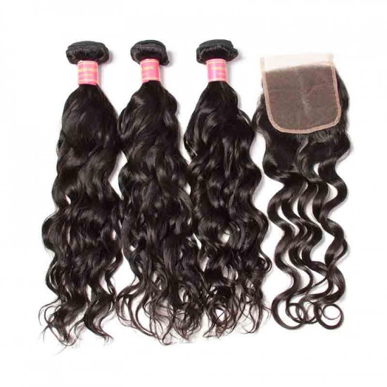 Preciousluxuryhair Hair Malaysian Natural Wave Hair 3 Bundles with Lace Closure,  100% 7A Good Virgin Hair