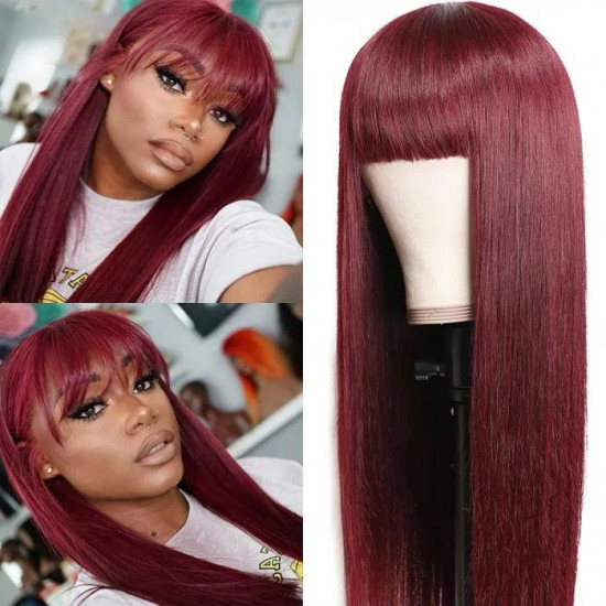 Preciousluxuryhair 99J Wine Red Silk Straight Human Hair Wig with Bangs Burgundy Colored Wigs Glueless Machine Made Human Hair Wigs