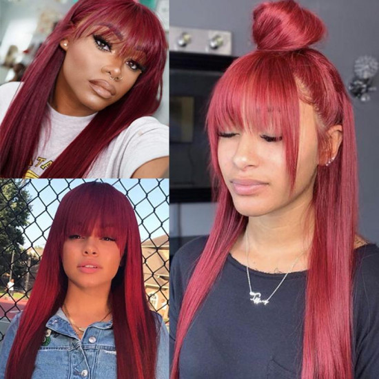 Preciousluxuryhair 99J Wine Red Silk Straight Human Hair Wig with Bangs Burgundy Colored Wigs Glueless Machine Made Human Hair Wigs