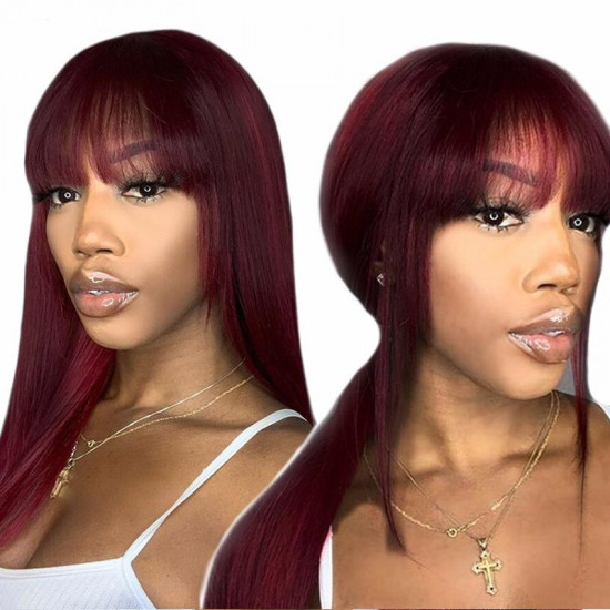 Preciousluxuryhair 99J Wine Red Silk Straight Human Hair Wig with Bangs Burgundy Colored Wigs Glueless Machine Made Human Hair Wigs