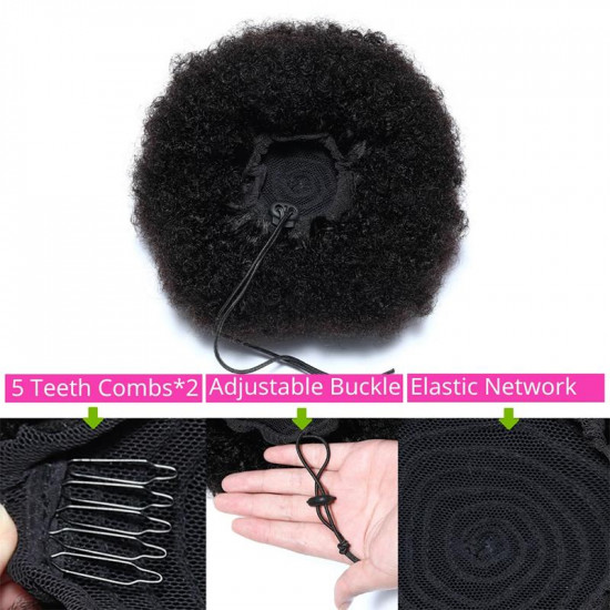 Preciousluxuryhair 9A Afro Kinky Curly Puff For Woman Brazilian Human Hair ponytail  With Adjustable Band And Clips