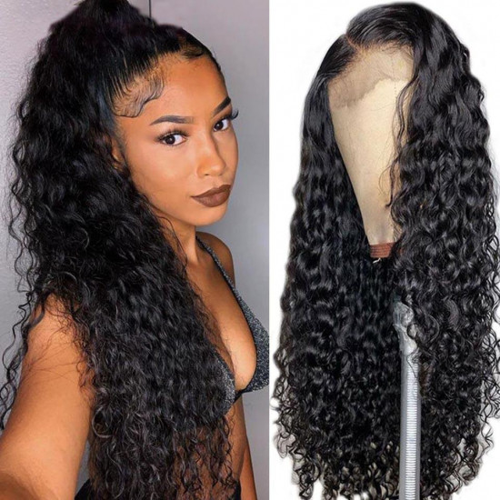 Preciousluxuryhair 9A Grade Water Wave Lace Front Human Hair Wigs Brazilian Natural Black Color 130% 150% Density Lace Frontal Wig