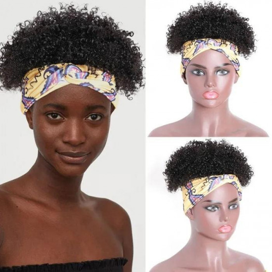 Preciousluxuryhair Afro Kinky Curly Short Wrap Human Hair Wigs Natural Black Puff Headband Wig Half Wig Extension Hairpiece