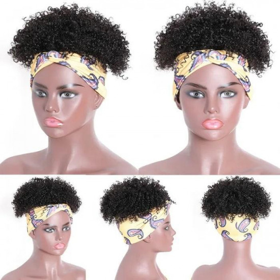 Preciousluxuryhair Afro Kinky Curly Short Wrap Human Hair Wigs Natural Black Puff Headband Wig Half Wig Extension Hairpiece