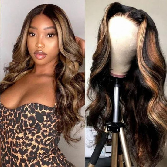 Preciousluxuryhair Balayage Highlights 13x4 Lace Front Wigs Free Part #1b/30 Dark Roots Body Wave Human Hair Wigs