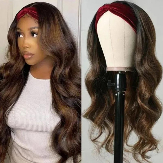 Preciousluxuryhair Balayage Highlight Dark Roots Body Wave Glueless Headband Wigs #1B/30 Color Wear And Go Human Hair Wigs