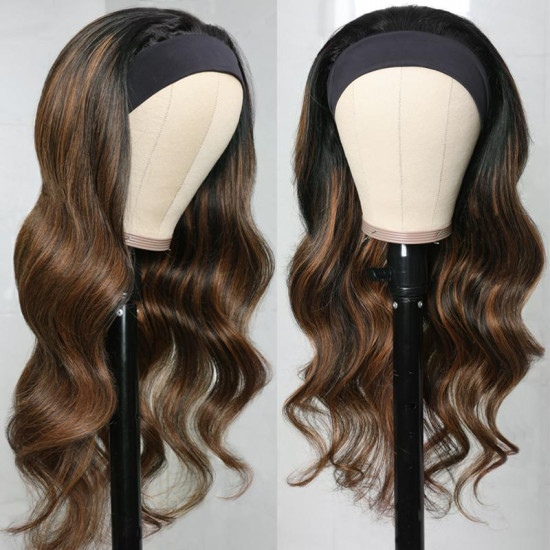 Preciousluxuryhair Balayage Highlight Dark Roots Body Wave Glueless Headband Wigs #1B/30 Color Wear And Go Human Hair Wigs