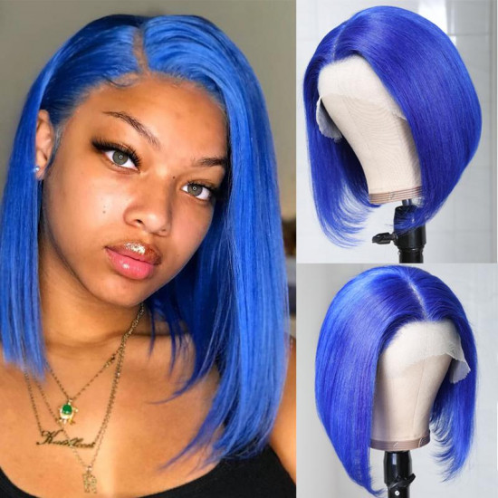 Preciousluxuryhair Beautiful Blue Bob Wigs Human Hair Lace Front Wigs Pre Plucked 13×4 Swiss Lace Wig 150% Density