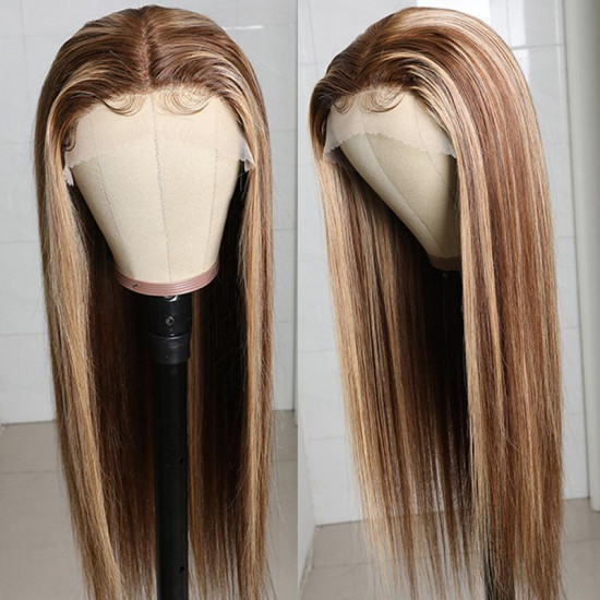 Preciousluxuryhair Blonde Highlight Straight Human Hair Wigs Hand-Tied Three Part Lace Wigs with Baby Hair 150% Density