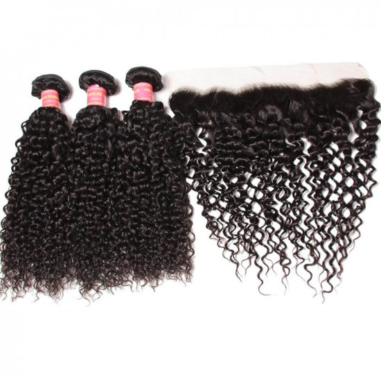 Preciousluxuryhair Hair Brazilian Curly Hair Lace Frontal with 3 Bundles, 100% Virgin Human Hair Extensions Wefts