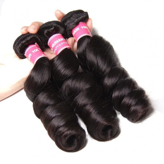 Preciousluxuryhair Hair Brazilian Hair Loose Wave 3 Bundles with Lace Frontal, 100% Human Hair Ear to Ear Lace Frontal Closure