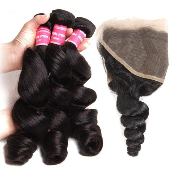 Preciousluxuryhair Hair Brazilian Hair Loose Wave 3 Bundles with Lace Frontal, 100% Human Hair Ear to Ear Lace Frontal Closure