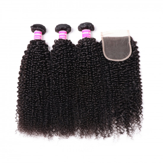 Preciousluxuryhair Hair Brazilian Kinky Curly Hair 3 Bundles With 4*4 Lace Closure 100% Human Hair