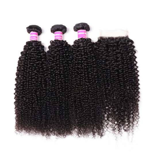 Preciousluxuryhair Hair Brazilian Kinky Curly Hair 3 Bundles With 4*4 Lace Closure 100% Human Hair