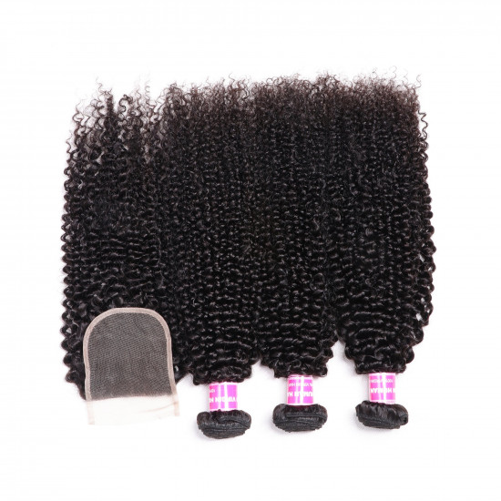 Preciousluxuryhair Hair Brazilian Kinky Curly Hair 3 Bundles With 4*4 Lace Closure 100% Human Hair