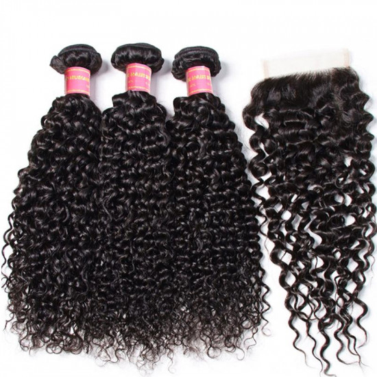 Preciousluxuryhair Hair Brazilian Virgin Curly Hair 3 Bundles with 4*4 Lace Closure 100% Human Hair