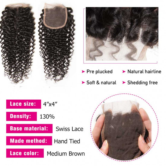 Preciousluxuryhair Hair Brazilian Virgin Curly Hair 3 Bundles with 4*4 Lace Closure 100% Human Hair