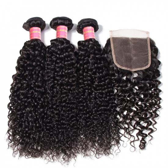 Preciousluxuryhair Hair Brazilian Virgin Curly Hair 3 Bundles with 4*4 Lace Closure 100% Human Hair