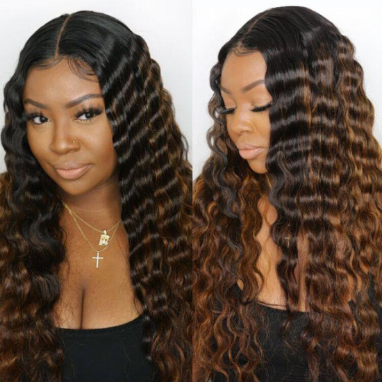 Preciousluxuryhair Dark Highlight Blonde Balayage #1B/30 Color Body Wave Lace Frontal Wigs Shadow Root Glueless Headband Wigs