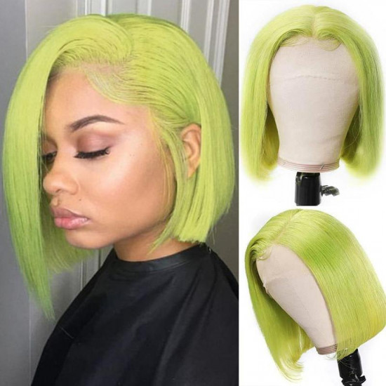 Preciousluxuryhair Hair 13*4 HD Transparent Lace Front Wigs Brazilian Lime Green Short Bob Wig Preplucked With Baby Hair