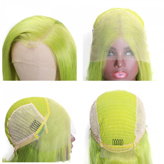 Preciousluxuryhair Hair 13*4 HD Transparent Lace Front Wigs Brazilian Lime Green Short Bob Wig Preplucked With Baby Hair