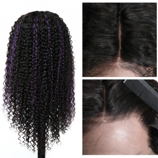 Preciousluxuryhair Hair 13*4 Lace Front Wigs With Highlight Purple Fashion Color Curly Human Hair Wigs 150% Density