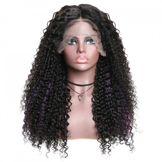 Preciousluxuryhair Hair 13*4 Lace Front Wigs With Highlight Purple Fashion Color Curly Human Hair Wigs 150% Density