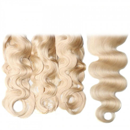 Preciousluxuryhair Hair 3 Bundles 613 Blonde Body Wave Human Hair Weaves With 4X4 Lace Closure