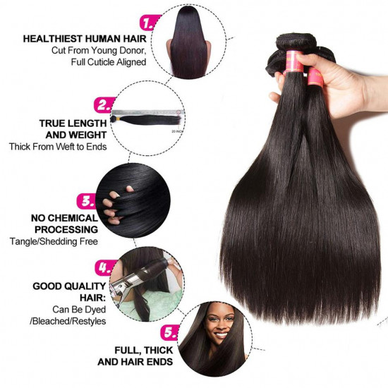 Preciousluxuryhair Hair 3 Bundles Straight Hair With 4*4 Transparent Lace Closure