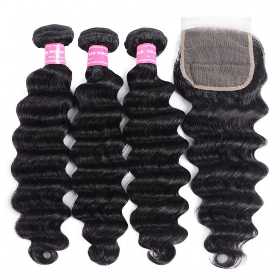 Preciousluxuryhair Hair Brazilian Loose Deep Wave 3 Bundles Hair with 4*4 Lace Closure Deals