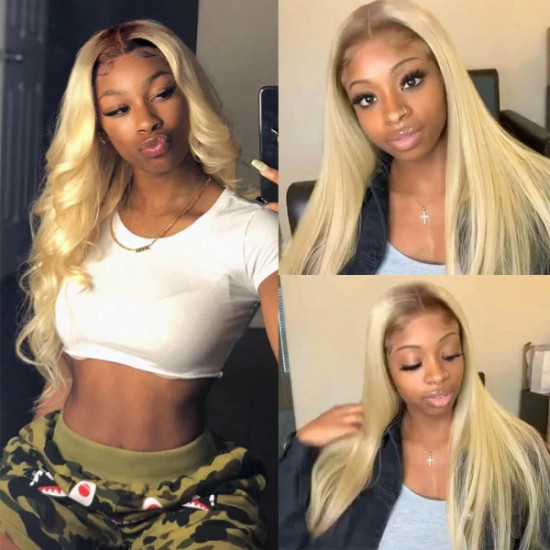 Preciousluxuryhair Hair Pre Plucked Lace Frontal Wigs 150% Density Ombre T4/613 Color Blonde Body Wave Virgin Human Hair Wigs With Baby Hair