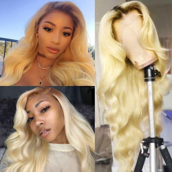 Preciousluxuryhair Hair Pre Plucked Lace Frontal Wigs 150% Density Ombre T4/613 Color Blonde Body Wave Virgin Human Hair Wigs With Baby Hair