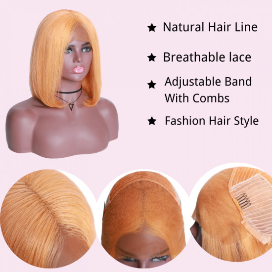 Preciousluxuryhair Hair Short Bob Wig 13*4 Lace Front Fanta Orange/ Peach Yellow Hair Wig Preplucked For Black Women