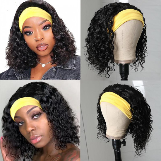 Preciousluxuryhair Headband Bob Wigs Water Wave Glueless Human Hair Wigs 150% Density Easy Wear & Go Wigs