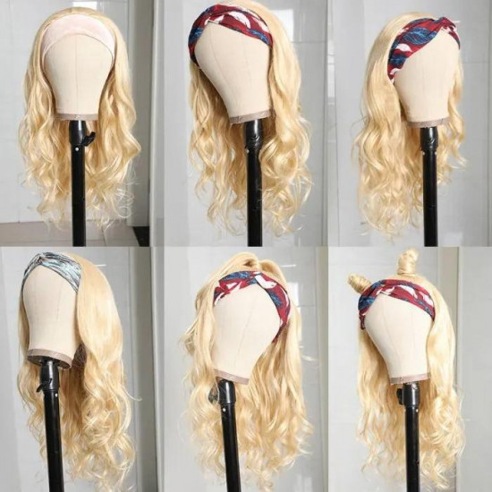 Preciousluxuryhair High-quality 613 Blonde Color Headband Wig Natural Wave Glue-less Human Hair Wigs with Hair Scarf Gifts